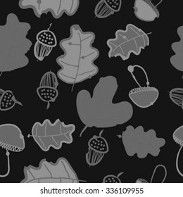 Seamless pattern of autumn motif, hole, leaves, spots, mushrooms, oak, acorn, doodles. Hand drawn.