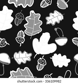 Seamless pattern of autumn motif, hole, leaves, spots, mushrooms, oak, acorn, doodles. Hand drawn.