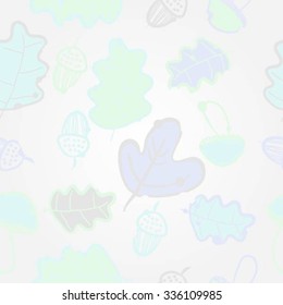 Seamless pattern of autumn motif, hole, leaves, spots, mushrooms, oak, acorn, doodles. Hand drawn.