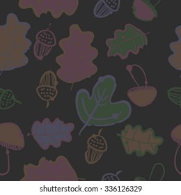 Seamless pattern of autumn motif, hole, leaves, spots, mushrooms, oak, acorn, doodles. Hand drawn.