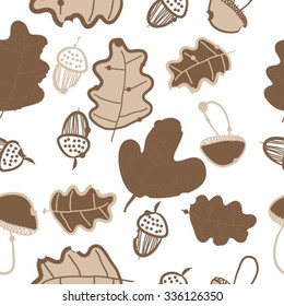 Seamless pattern of autumn motif, hole, leaves, spots, mushrooms, oak, acorn, doodles. Hand drawn.
