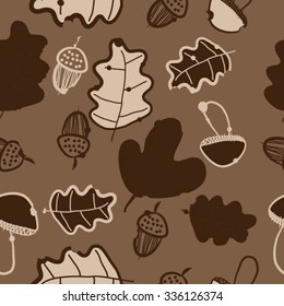 Seamless pattern of autumn motif, hole, leaves, spots, mushrooms, oak, acorn, doodles. Hand drawn.