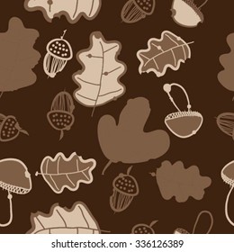 Seamless pattern of autumn motif, hole, leaves, spots, mushrooms, oak, acorn, doodles. Hand drawn.