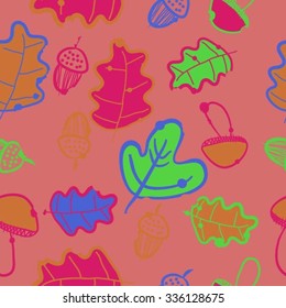 Seamless pattern of autumn motif, hole, leaves, spots, mushrooms, oak, acorn, doodles. Hand drawn.