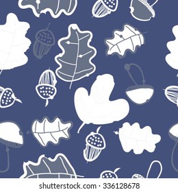 Seamless pattern of autumn motif, hole, leaves, spots, mushrooms, oak, acorn, doodles. Hand drawn.