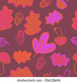 Seamless pattern of autumn motif, hole, leaves, spots, mushrooms, oak, acorn, doodles. Hand drawn.