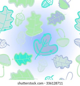 Seamless pattern of autumn motif, hole, leaves, spots, mushrooms, oak, acorn, doodles. Hand drawn.
