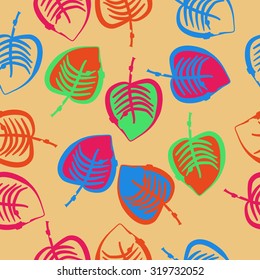 Seamless pattern of autumn motif with leaves. Stripes,leaves. Hand drawn.