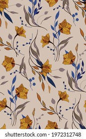 Seamless pattern with autumn motives. Small bouquets of yellow flowers, blue and gray foliage, berries in a random combination are freely located along the pattern field. Vector.