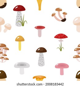 Seamless pattern, autumn mushrooms. Cartoon pictures podosinovik, podberezovik, syroezhka, fly agaric, white, ginger. Vector illustration, on a white background. For printing on paper or fabric.