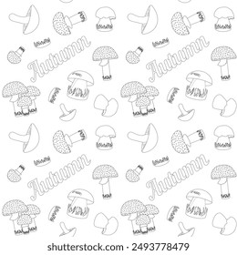 Seamless pattern of autumn mushrooms for coloring. Perfect for kids activities and creative projects. Enjoy this fun and educational design.