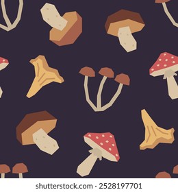 Seamless pattern of autumn mushrooms in cutout style on black background. Simple geometric botanical elements. Fall vector design 