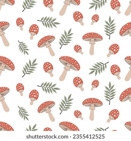 Seamless pattern with autumn mushrooms on a white background. Print with  mushrooms. Vector illustration