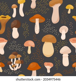 Seamless pattern with autumn mushrooms such as boletus, cep, champignon, chantarelle, milky cap, agaric honey, saffron cap. Vector background of wild forest edible mushrooms