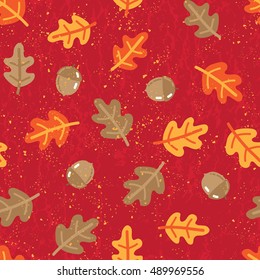 Seamless pattern with autumn oak leafs and acorns. Vector illustration
