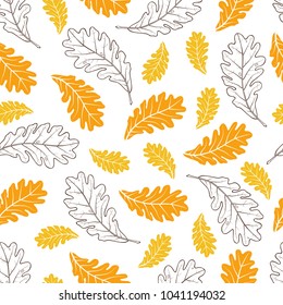 Seamless pattern of autumn oak leaves on white background