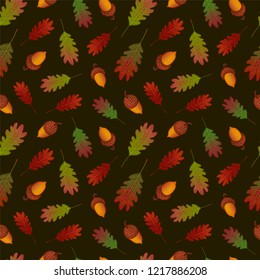Seamless pattern with autumn oak leaves and acorns on dark background. Green, red, yellow color. Repeat botanical pattern. Vector illustration.