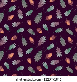Seamless pattern with autumn oak leaves and acorns on dark background. Brown, grey, bluish, greenish, burgundy color. Repeat botanical pattern. Vector illustration.
