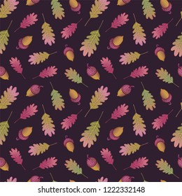 Seamless pattern with autumn oak leaves and acorns on dark background. Yellow, green, burgundy, pink colors. Repeat botanical pattern. Vector illustration.