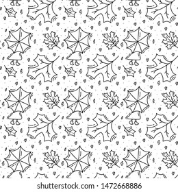 Seamless pattern with autumn oak leaves and woman with umbrella in black. Perfect for wallpaper, gift paper, pattern fills, web page background, autumn greeting card, pillow