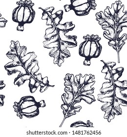 seamless pattern ,autumn, oak leaves ,poppy boxes ,vector
