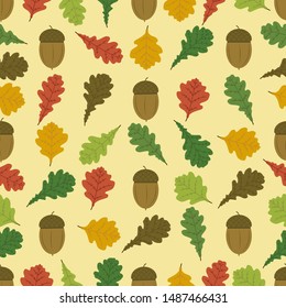 A seamless pattern. Autumn oak leaves with acorns on the branches. Seamless vector pattern design for seasons greeting cards or gift wrap paper. Red and green. Nature. Can be used as gift wrapping