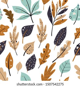 Seamless pattern with autumn oak leaves in Orange, Beige, Brown and Yellow. Cute trendy design for fabric, wallpaper, wrap paper. Scandinavian style repeated background with leaves. Hand draw texture.