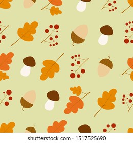 Seamless pattern with autumn oak leaves, acorns and berries