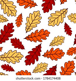 Seamless pattern with autumn oak leaves in orange, beige, brown. Perfect for wallpaper, gift paper, pattern fills, web page background, autumn greeting cards.