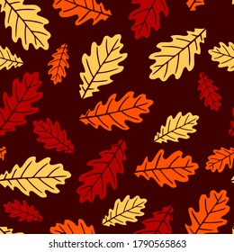 Seamless pattern with autumn oak leaves in orange, beige, brown. Perfect for wallpaper, gift paper, pattern fills, web page background, autumn greeting cards.