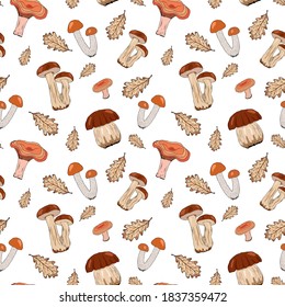 Patrón sin foco con hojas y hongos de roble otoñales. Mano dibujada sobre fondo blanco. Para impresiones de tela, productos textiles de cocina, papel de envoltura, papel pintado, tela, rayado. Ilustración vectorial.