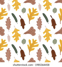 Seamless pattern with autumn oak leaves. White background. Cute pattern in flat style. For prints, backgrounds, wrapping paper, textile, wallpaper, etc. 