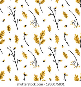 Seamless pattern with autumn oak leaves and acorns. White background. Cute pattern in flat style. For prints, backgrounds, wrapping paper, textile, wallpaper, etc. 