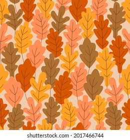 Seamless pattern of autumn oak leaves. Multi-colored foliage in the form of an autumn forest. Flat vector illustration. 