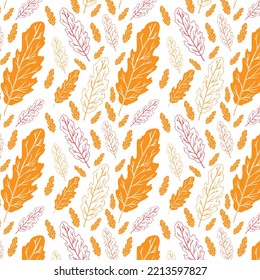 Seamless pattern with and autumn oak leaves in Orange, Beige, Brown and Yellow. Perfect for wallpaper, gift paper, pattern fills, web page background, autumn greeting cards.