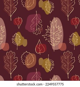 Seamless pattern with autumn oak leaves in Orange, Beige, Brown and Yellow. Cute trendy design for fabric, wallpaper, wrap paper. Scandinavian style repeated background with leaves. Hand drawn texture