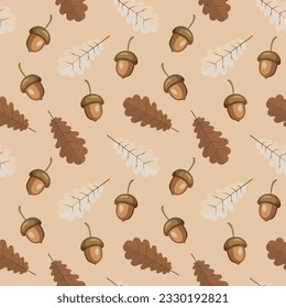 Seamless pattern, autumn oak leaves and acorns on a beige background. Pastel colors. Print, background, textile, vector	
