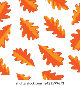 Seamless pattern of autumn oak leaves isolated on white background. Hand drawn vector illustration.