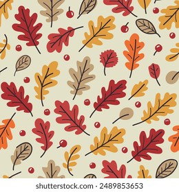 Seamless pattern with autumn oak leaves in red, beige, yellow and orange. Perfect for wallpaper, gift paper, textile, greeting cards.