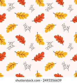 Seamless pattern with autumn oak leaves orange and yellow colours. Thanksgiving Day, autumn concept.