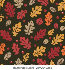 Seamless pattern with autumn oak leaves in red, beige, yellow and orange. Perfect for wallpaper, gift paper, textile, greeting cards.