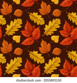 Seamless pattern, autumn oak and maple leaves, bright natural ornament on a dark background, red, yellow and orange leaves