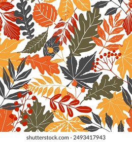 Nahtloses Muster mit Herbsteiche, Ahornblättern und Beeren. Perfekt für Bildschirmhintergrund, Geschenkpapier, Musterfüllungen, Web-Seitenhintergrund, Grußkarten.