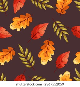 Seamless pattern with autumn oak, rowan, birch leaves in orange, red and green colors. Ideal for wallpaper, gift paper, pattern fills, web page background, fall greeting cards.