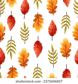 Seamless pattern with autumn oak, rowan, birch leaves in orange, red and green colors. Ideal for wallpaper, gift paper, pattern fills, web page background, fall greeting cards.