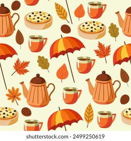 Seamless pattern with autumn objects. Cute hand drawn elements to create a poster or card. Cartoon style vector illustration.