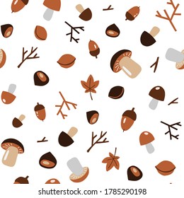 Seamless pattern with autumn objects: fruits and vegetables, harvest, leaves, plants, pumpkin