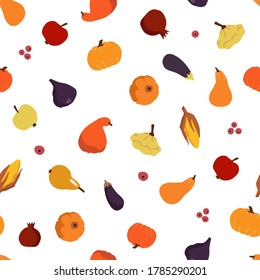 Seamless pattern with autumn objects: fruits and vegetables, harvest, leaves, plants, pumpkin