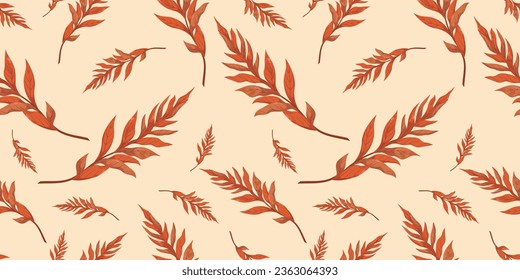 Seamless pattern with autumn orange brown branch of walnut tree. Fall pattern for wallpaper, wrapping paper, web sites, background, social media, blog, presentation, invitations and greeting cards.
