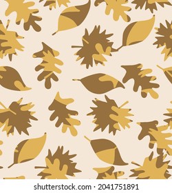 seamless pattern with autumn overlap leaves on half white background. Beautiful brown with yellow autumn print for any kind of a design.
